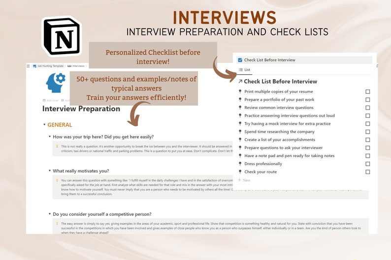 May include: A checklist for interview preparation with a list of things to do before an interview, such as print multiple copies of your CV, prepare a portfolio of your past work, review common interview questions, practise answering interview questions out loud, try having a mock interview for extra practice, spend time researching the company, create a list of your accomplishments, prepare questions to ask your interviewer, have a notepad and pen ready for taking notes, dress professionally, and check your route.
