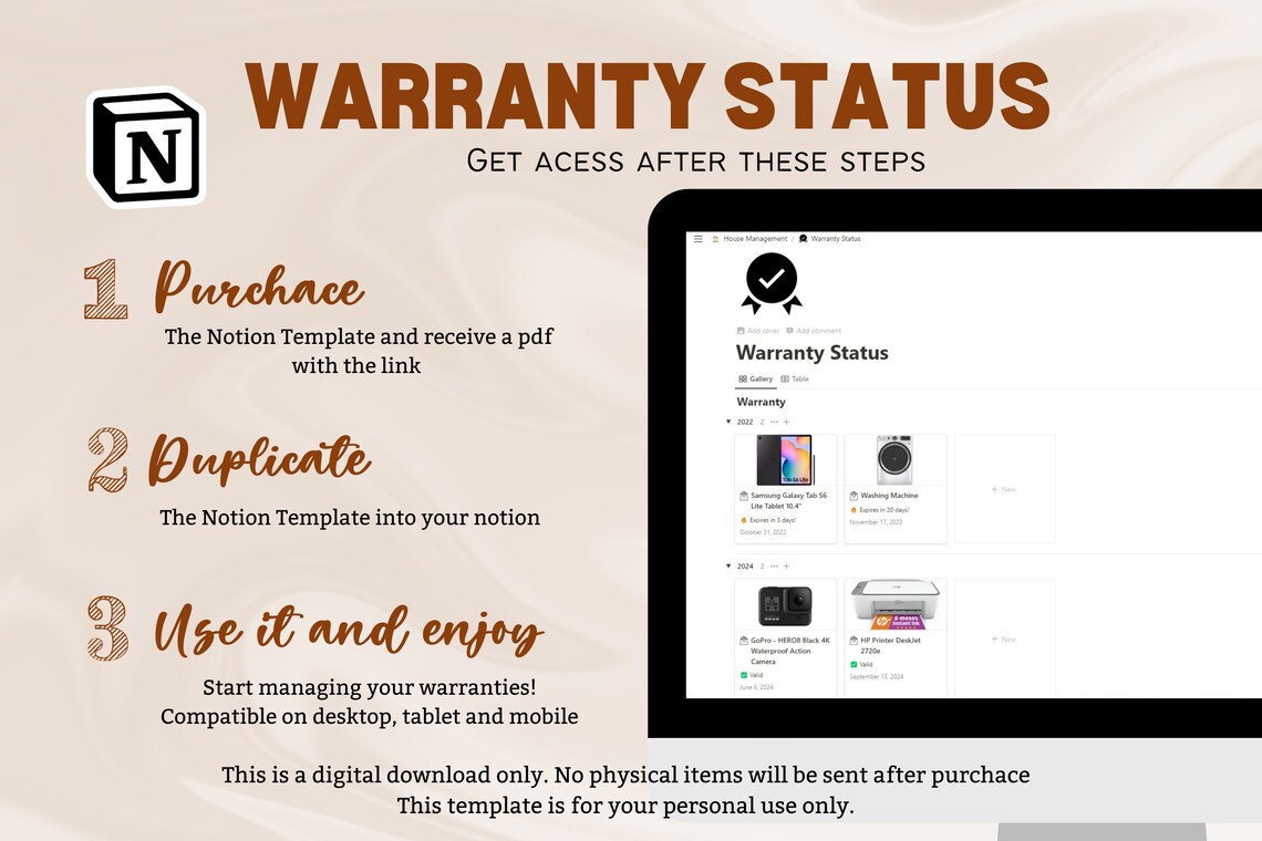 Warranty Status Notion Template, Home Organizer, Warranty Tracker