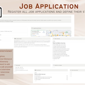 May include: A screenshot of a job application form with a checklist of things to do before and after an interview. The form includes a section for job description, interview place, time, and distance, as well as a section for questions to ask and questions to ask yourself.