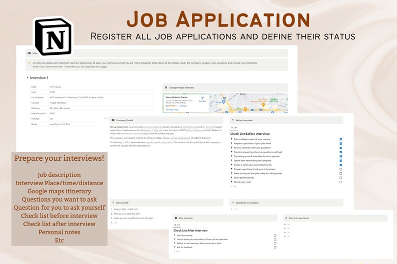 May include: A screenshot of a job application form with a checklist of things to do before and after an interview. The form includes a section for job description, interview place, time, and distance, as well as a section for questions to ask and questions to ask yourself.