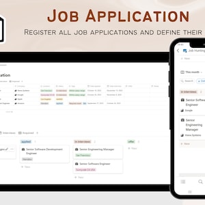 May include: A screenshot of a computer screen and a mobile phone displaying a job application tracking system. The system is organised by status, with columns for "wishlist", "applied", "in interviews", and "offer". The system includes a search bar, filters, and a "New" button.