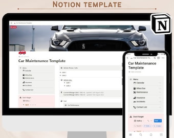 Vehicle Maintenance Notion Template, Accident History, Maintenance Digital Planner, Fuel expenses control, Car performance