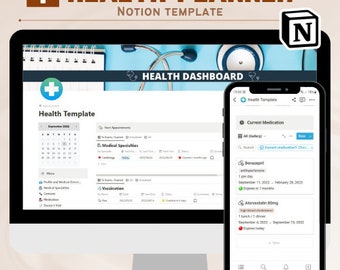 Modelo de noção de painel de planejador de saúde, planejador de rastreador editável de saúde, organizador de consulta médica para tablet, laptop e celular, digital