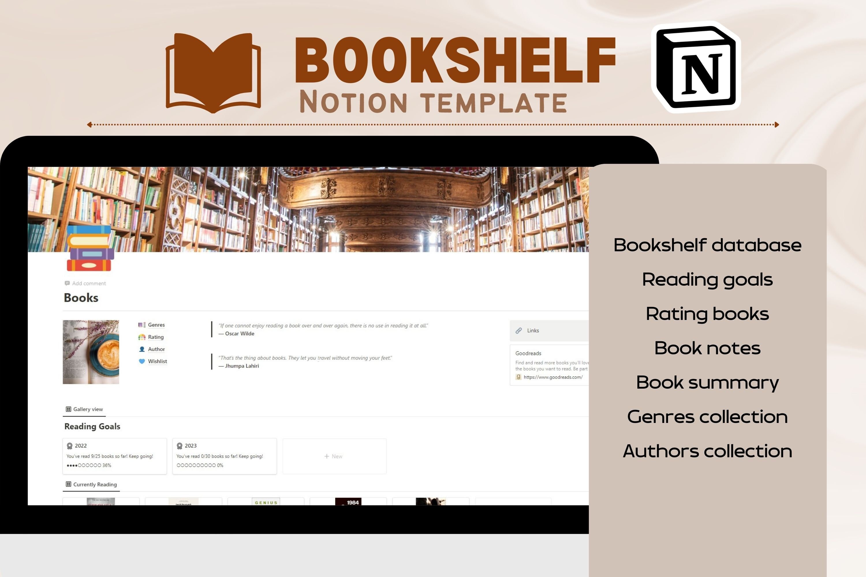 Bookshelf Dashboard Notion Template, Book Organization, Reading