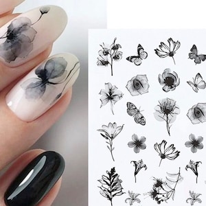 Black flower waterslide nail decals