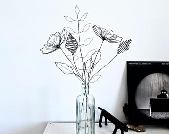 Handcrafted Wire Wildflower Bouquet with Woven Cones — Modern Botanical Sculpture