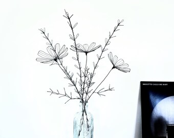 Lush Wire Cosmos Flower Bouquet as a Minimalist Black Metal Sculpture for Home Decor