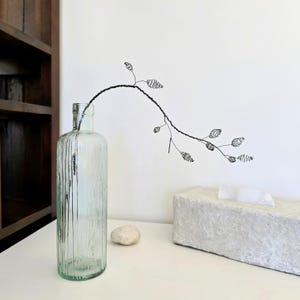 Könnte beinhalten: Eine klare Glasflasche mit vertikal strukturierten Linien, die eine schwarze Drahtskulptur eines Zweigs mit spiralförmigen und blattförmigen Elementen enthält. Ein kleiner weißer Stein und eine Steintaschentuchbox befinden sich auf der weißen Oberfläche.