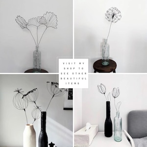 May include: A collection of black wire sculptures shaped like various botanical forms, including ginkgo leaves, a dandelion, and seed pods, displayed in glass and ceramic vases. The central text reads: VISIT MY SHOP TO SEE OTHER BEAUTIFUL ITEMS.