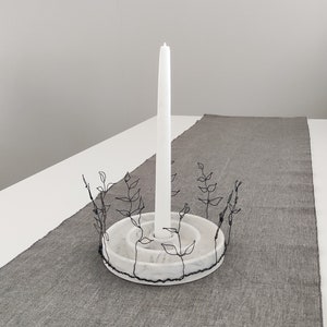 Minimalist marble candlestick holder with wire floral decor Taper candle holder Centerpiece Candle marble bowl Scandi candle plate image 1