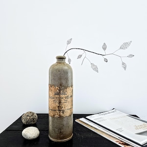 Könnte beinhalten: Eine hohe, zylindrische, gesprenkelte graue Keramikflasche mit einem verwitterten Papieretikett mit der Aufschrift BAGACEIRA VELHA RESERVA 1900. Eine dünne, dunkle Drahtskulptur in Form eines Zweigs mit gewickelten, ovalen Blättern ragt aus der Flaschenöffnung.