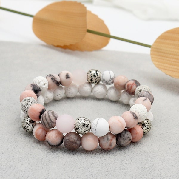 Matte Pink Zebra Jasper Bracelet, Matte Rose Quartz Bracelet, Healing Bracelet, Calming Bracelet, Stackable Bracelets, Bracelet Set of 2