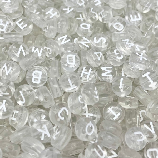 10 pcs, Choose Your Letter, Alphabet Letter Beads, Individual Letter, 7mm Flat Round Translucent ABC Letter Beads, Clear Letter Beads