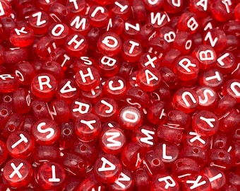 10 pcs, Choose Your Letter, Alphabet Letter Beads, Individual Letter, 7mm Flat Round Transparent ABC Letter Beads, Personalized Beads, Red