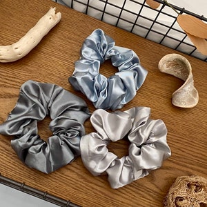 Large Satin Silk Scrunchies, Gray Satin Silk Scrunchie Set, Bridesmaid Proposal Satin Silk Scrunchies, Scrunchie, Scrunchies, Scrunchy