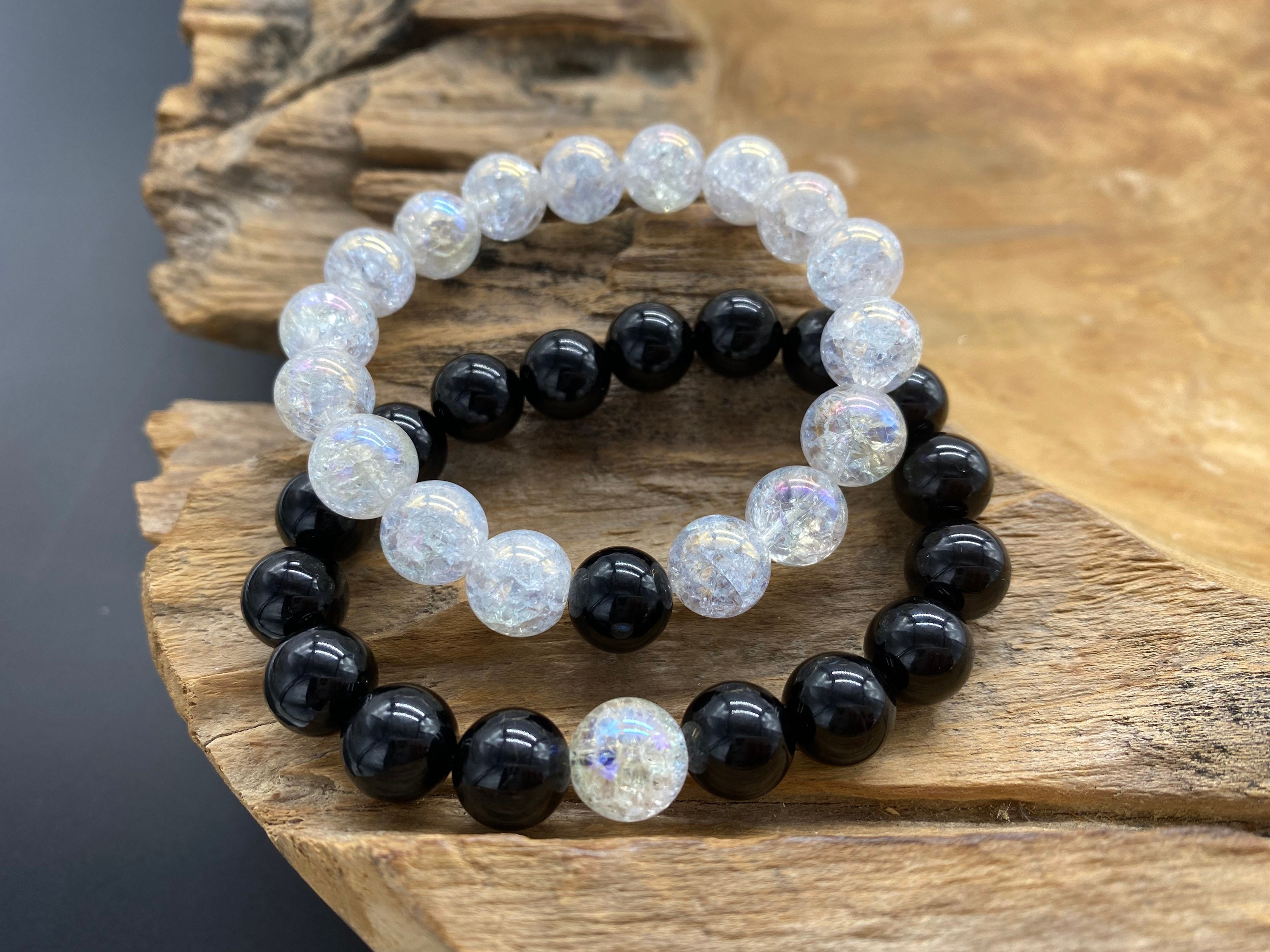 Bracelet pour couple, Bracelets pour couple, Bracelets distance, Bracelets assortis, Bracelet en onyx noir, Bracelet en cristal de quartz