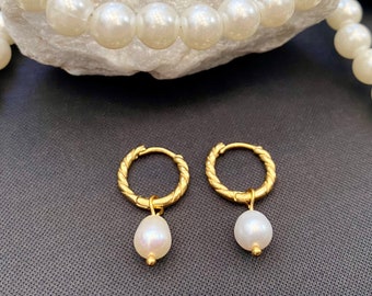 Baroque pearl earrings huggie hoop earrings, freshwater pearl earrings minimalist twist twisted earrings huggies everyday earrings stainless