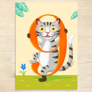 Neunter Geburtstag, Katze, Postkarte 9, Postkarte zum 9ten Geburtstag, Geburtstagskarte 9, Geburtstagskarte mit Zahl, Postkarte mit Zahlen