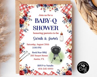 May include: Baby-Q shower invitation with floral and gingham accents. The invitation features the text "BABY-Q SHOWER" and details for the event, including the date, time, and location. The invitation is personalized with the names Sarah & James.