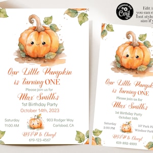 Our Pumpkin is turning ONE /  1st Birthday Our Pumpkin is turning ONE Invitation /  Editable Pumpkin 1st Birthday Invitation template