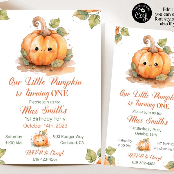 Our Pumpkin is turning ONE /  1st Birthday Our Pumpkin is turning ONE Invitation /  Editable Pumpkin 1st Birthday Invitation template