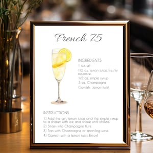 Tarjeta con receta de bebida mixta French 75 / Receta French 75 de 5" x 7", descarga digital instantánea y edición en Corjl.