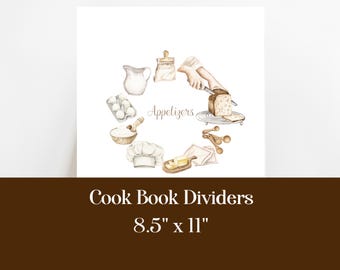 May include: A watercolour illustration of a cookbook divider with the word "Appetizers" in the centre. The divider features various kitchen items, including a jug, a bowl of flour, a loaf of bread, and a chef's hat. The divider is 8.5 inches by 11 inches.