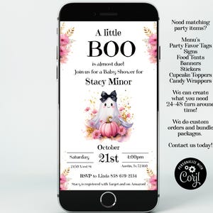 May include: A digital invitation for a baby shower with a cute ghost and pumpkin illustration. The invitation says "A little BOO is almost due!" and includes the date, time, and location of the event. It also includes the name of the guest of honor, Stacy Minor, and the RSVP information. The invitation is decorated with pink and gold floral elements.