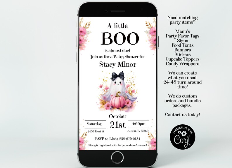 May include: A digital invitation for a baby shower with a cute ghost and pumpkin illustration. The invitation says "A little BOO is almost due!" and includes the date, time, and location of the event. It also includes the name of the guest of honor, Stacy Minor, and the RSVP information. The invitation is decorated with pink and gold floral elements.
