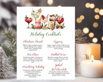 Christmas Cocktail Menu Sign, Editable Holiday Bar Menu, Christmas Party Drink Sign, Corjl Template, Printable 5x7 & 8x10