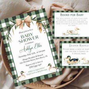 Mallard Duck Small-bundel met uitnodigingssjablonen bevat; Uitnodiging, sms-uitnodiging voor mobiele telefoon, verlotingskaart voor boeken voor baby's en luiers.