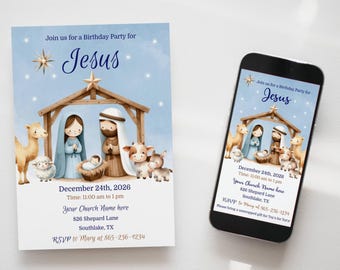 Geburtstagsfeier für Jesus Einladung: Bearbeitbare Krippe (Digitaler Download)