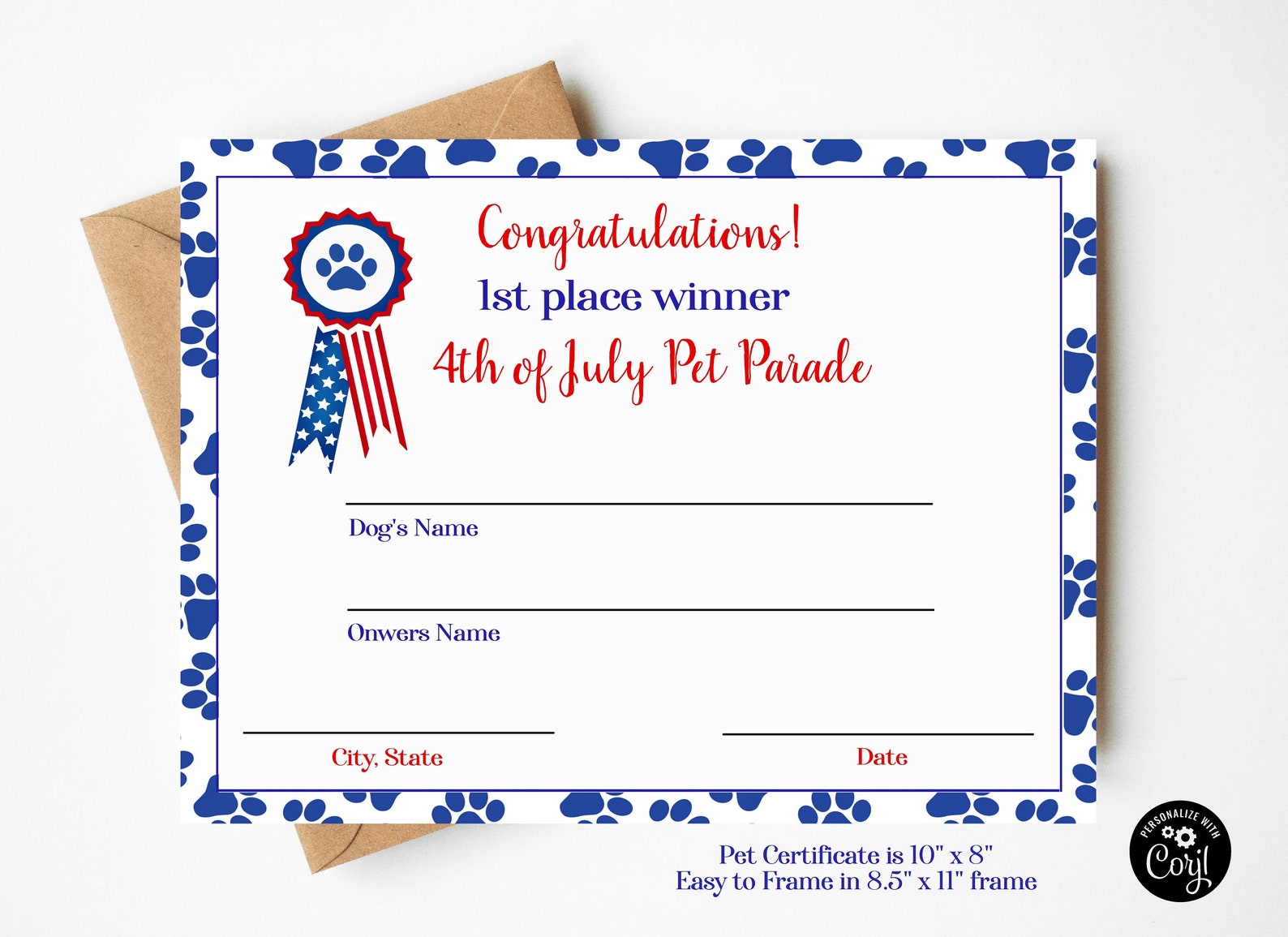 4th of July Pet Parade Award Certificate Digital Download and Etsy