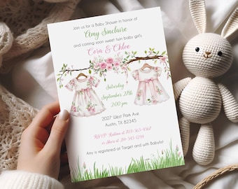 Twin Girls Clothesline Baby Shower Invitation Set: Editable Text Invite (Digital Download