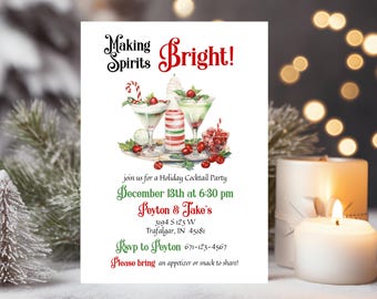 Puede incluir: Una tarjeta de invitación blanca para una fiesta navideña con el texto Making Spirits Bright! sobre una ilustración de dos copas de martini, una botella a rayas y cerezas. La tarjeta incluye los detalles del evento para el 13 de diciembre.