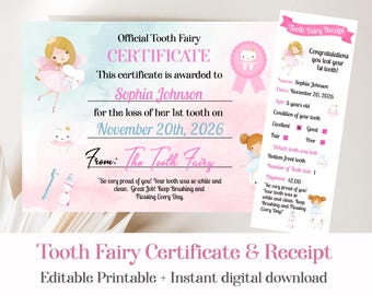 Puede incluir: Un conjunto de certificado y recibo oficial del Hada de los Dientes con fondos de acuarela en tonos pastel. El certificado incluye el nombre Sophia Johnson, la fecha 20 de noviembre de 2026 e ilustraciones de un hada, un diente y artículos dentales.