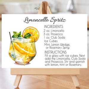 Limoncello Spritzer Recipe Card 5 different designed recipe cards each 5" x 3", Limoncello Spritz recipe card Instant download and print.