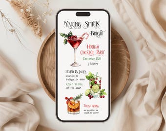 May include: A smartphone screen displaying a holiday cocktail party invitation with the text Making Spirits Bright, Holiday Cocktail Party, December 13th at 5:30 PM, Peyton & Jake's, 3194 S 123 W, Trafalgar, IN 45481, RSVP to Niki 671-123-4567, Please bring an appetizer or snack to share, featuring watercolor illustrations of three different cocktails garnished with cranberries, mint, lime, and orange slices.