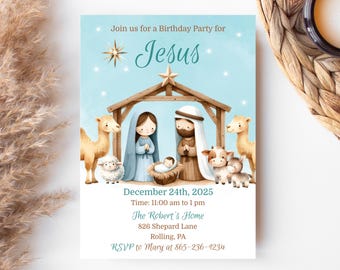 Geburtstagsfeier für Jesus Einladung: Bearbeitbare Krippe (Digitaler Download)