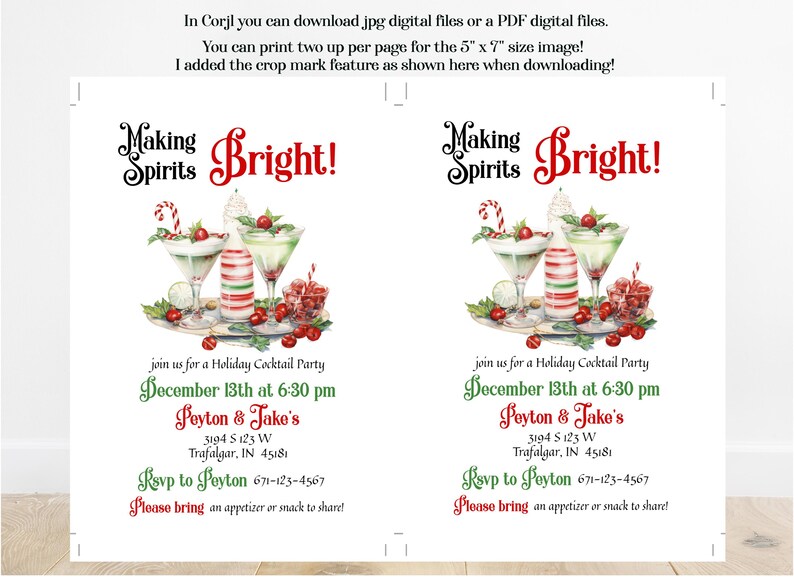 May include: Two identical 5 inch by 7 inch holiday cocktail party invitations featuring the text Making Spirits Bright, a watercolor illustration of two martini glasses, a candy cane striped bottle, and red berries, with event details for Peyton & Jake.