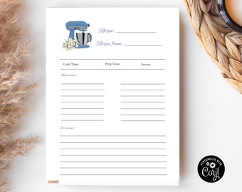 Printable Recipe Binder Pages, 8.5x11 Recipe Template, 4x6 Recipe Card, Front and Back PDF, Instant Digital Download