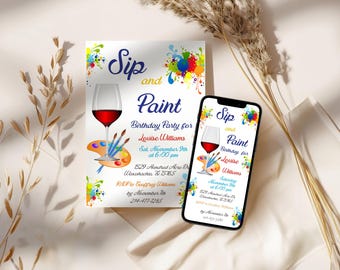 Sip and Paint Birthday Invitation Template (Digital Download)