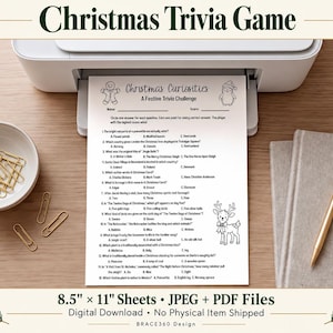 Gioco a quiz natalizio stampabile, quiz per feste con soluzioni, in bianco e nero, 2 design, attività per famiglie e classi.