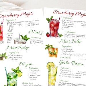 Schede di ricette per drink Mixology 7 schede di ricette diverse, ciascuna da 5" x 3" Download immediato in PDF / Mojito alla fragola, drink Mint Julep