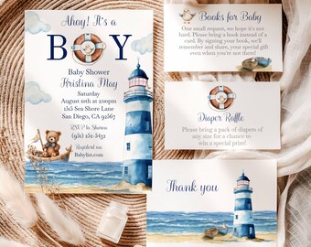 May include: A nautical-themed baby shower invitation set featuring a lighthouse, a teddy bear in a boat, and a life preserver. The text includes Ahoy! It's a Boy, Baby Shower, Kristina May, Saturday August 10th, Books for Baby, and Diaper Raffle.