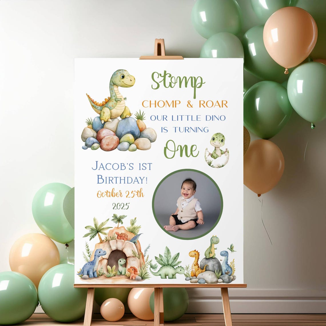 Dinosaur 1st Birthday Sign: Stomp, Chomp & Roar - Editable DIY (digital ...