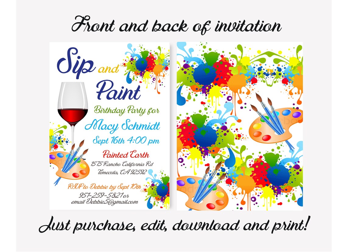 Sip and Paint Birthday Invitation Sip and Paint Birthday Etsy