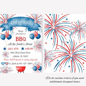 May include: Watercolor invitation for a 4th of July BBQ. The design features red, white, and blue fireworks, balloons, and a banner that reads "4TH OF JULY." The invitation includes event details such as the date, time, and location.