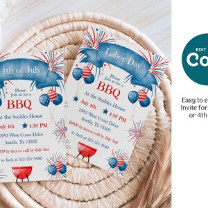 May include: Two invitations for a 4th of July and Labor Day BBQ. The invitations feature a blue banner with text, red, white, and blue balloons, fireworks, and a red grill. The text on the invitations includes the date, time, and location.