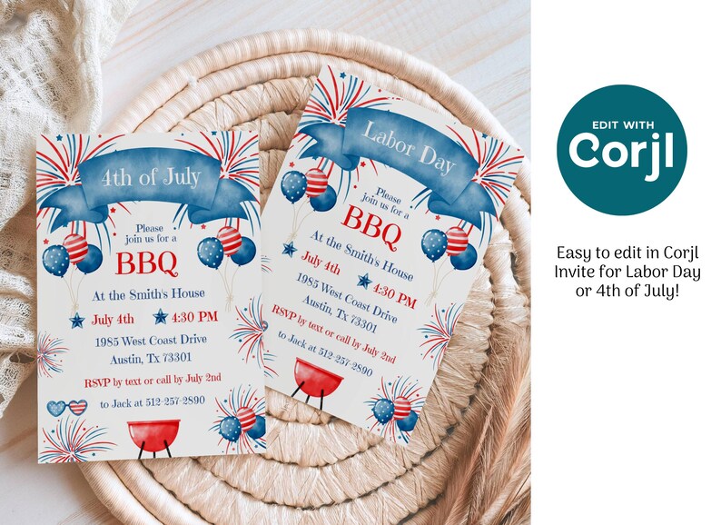 May include: Two invitations for a 4th of July and Labor Day BBQ. The invitations feature a blue banner with text, red, white, and blue balloons, fireworks, and a red grill. The text on the invitations includes the date, time, and location.